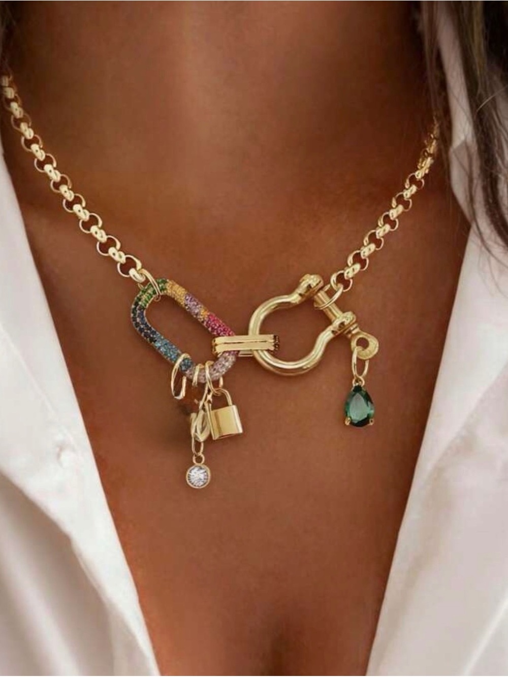 Western Gold Horseshoe Necklace Multi-Color Charm Link Necklace - Women Jewelry